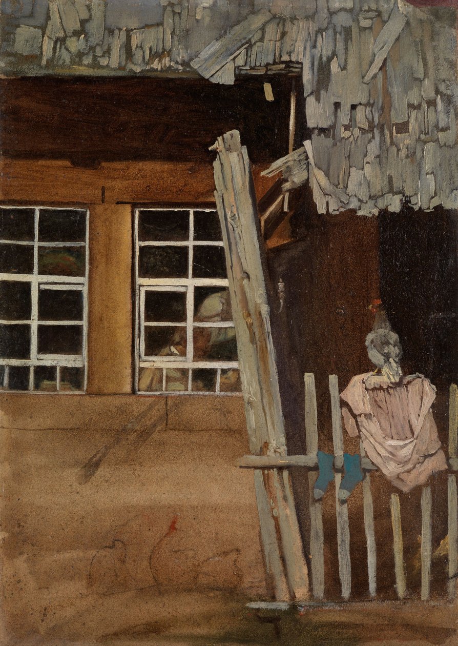 Coin de ferme avec une clôture de jardin et une poule - Hans Thoma