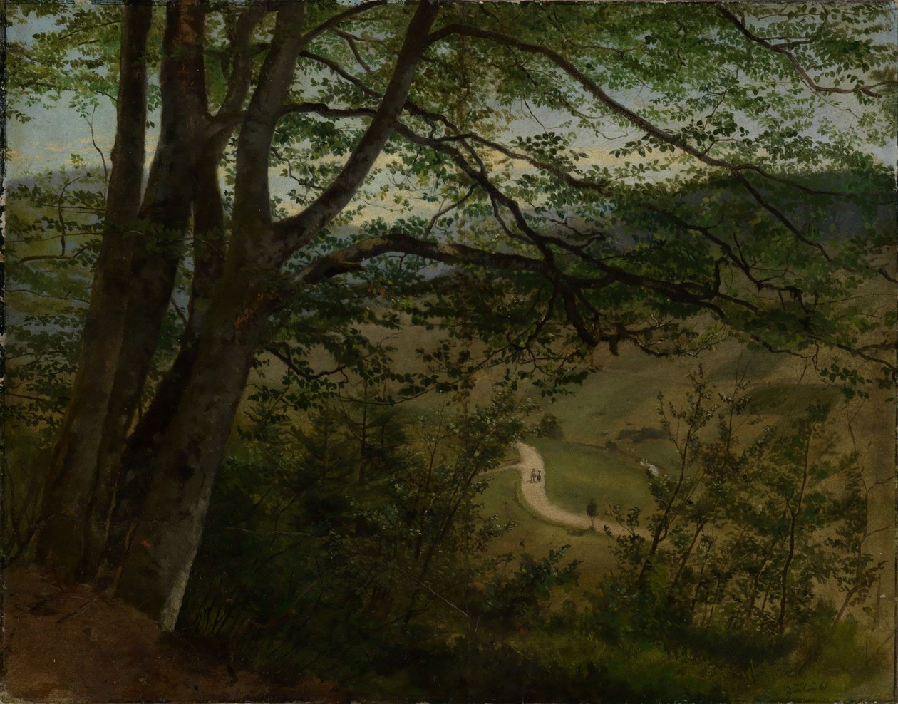 Vue sur la vallée à travers les arbres et les buissons - Hans Thoma