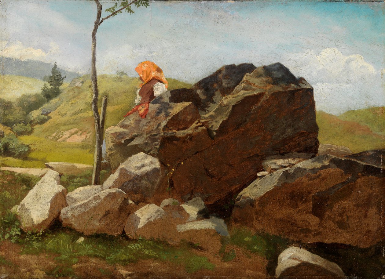 Des rochers sur lesquels est assise une jeune paysanne - Hans Thoma