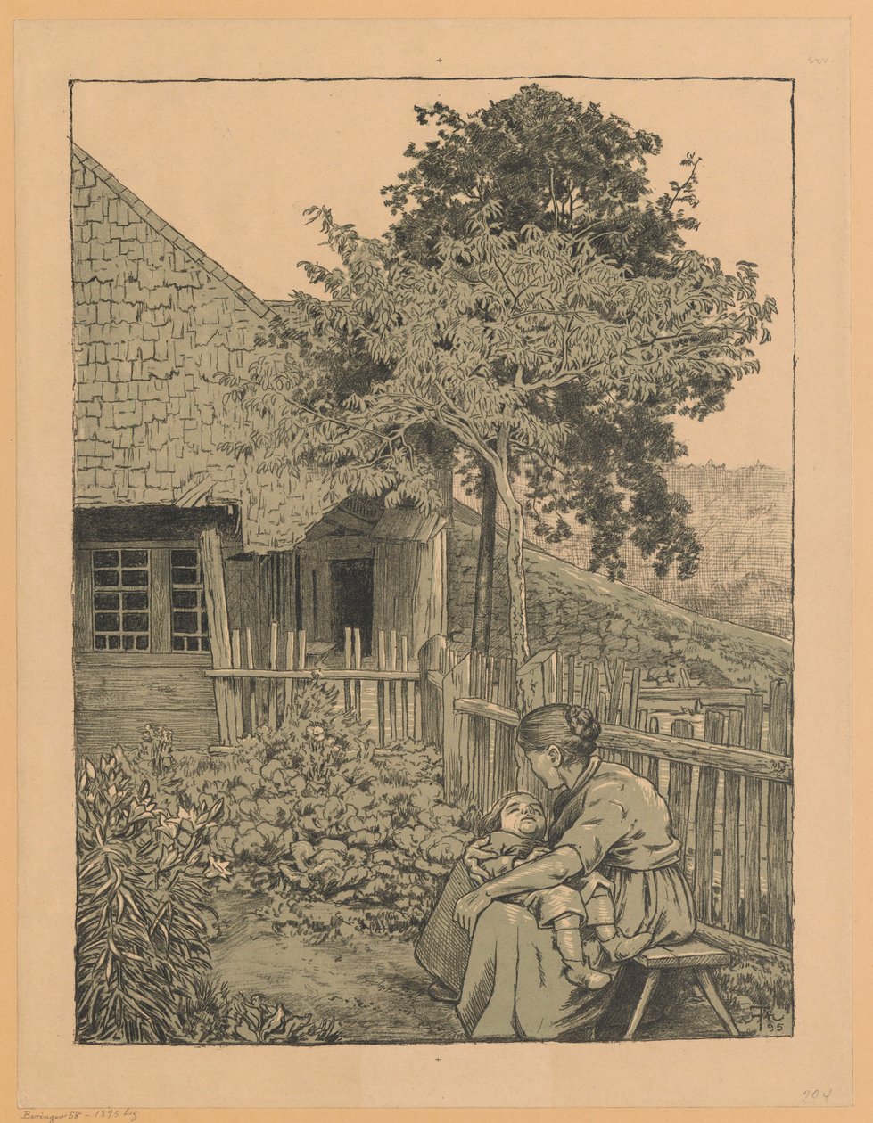 Une femme avec un enfant, assise dans le jardin devant une maison de la Forêt-Noire - Hans Thoma
