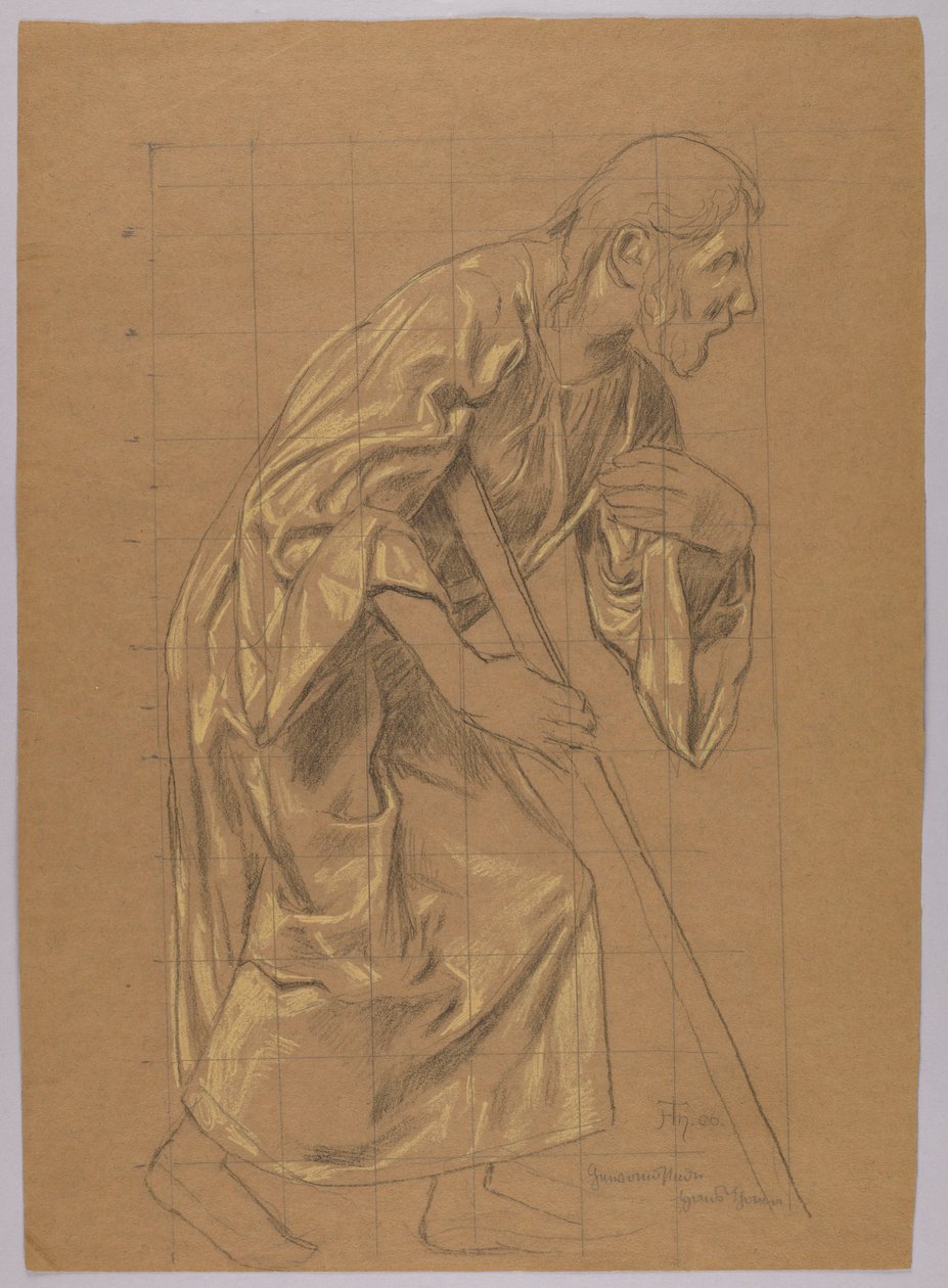 Homme en longue robe, appuyé sur un bâton, verso : esquisse du même personnage - Hans Thoma