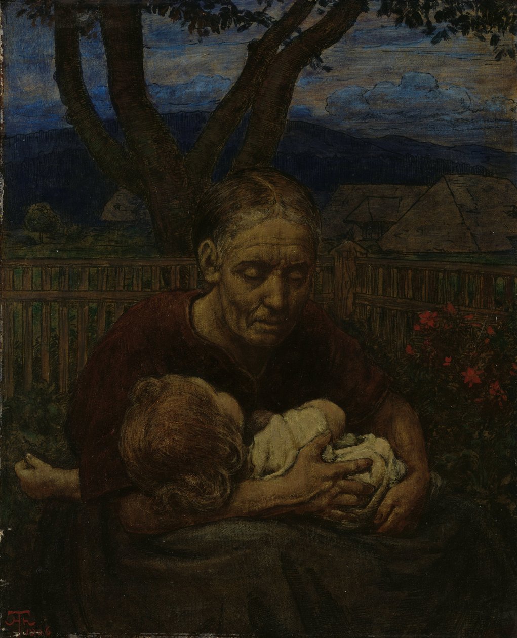 Mère et enfant dans un jardin - Hans Thoma