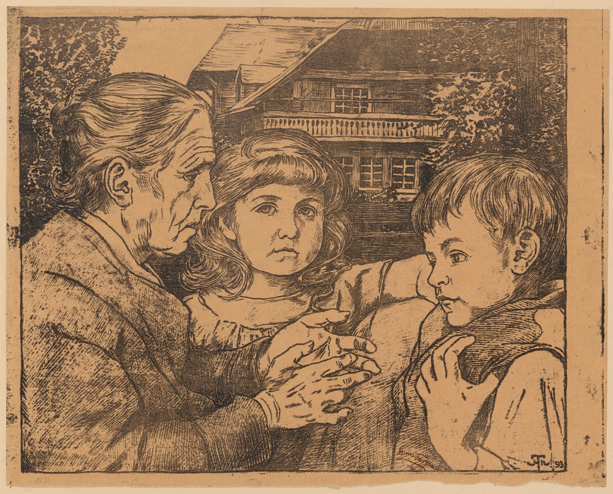 Une vieille femme racontant des contes à deux enfants devant une maison de la Forêt-Noire - Hans Thoma