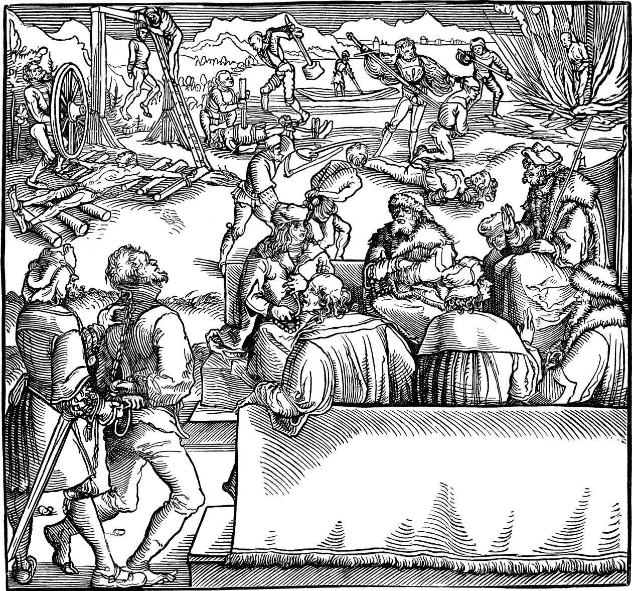 Séance de tribunal. Illustration du livre Phisicke Against Fortune de Pétrarque, 1532 - Hans Weiditz the Younger