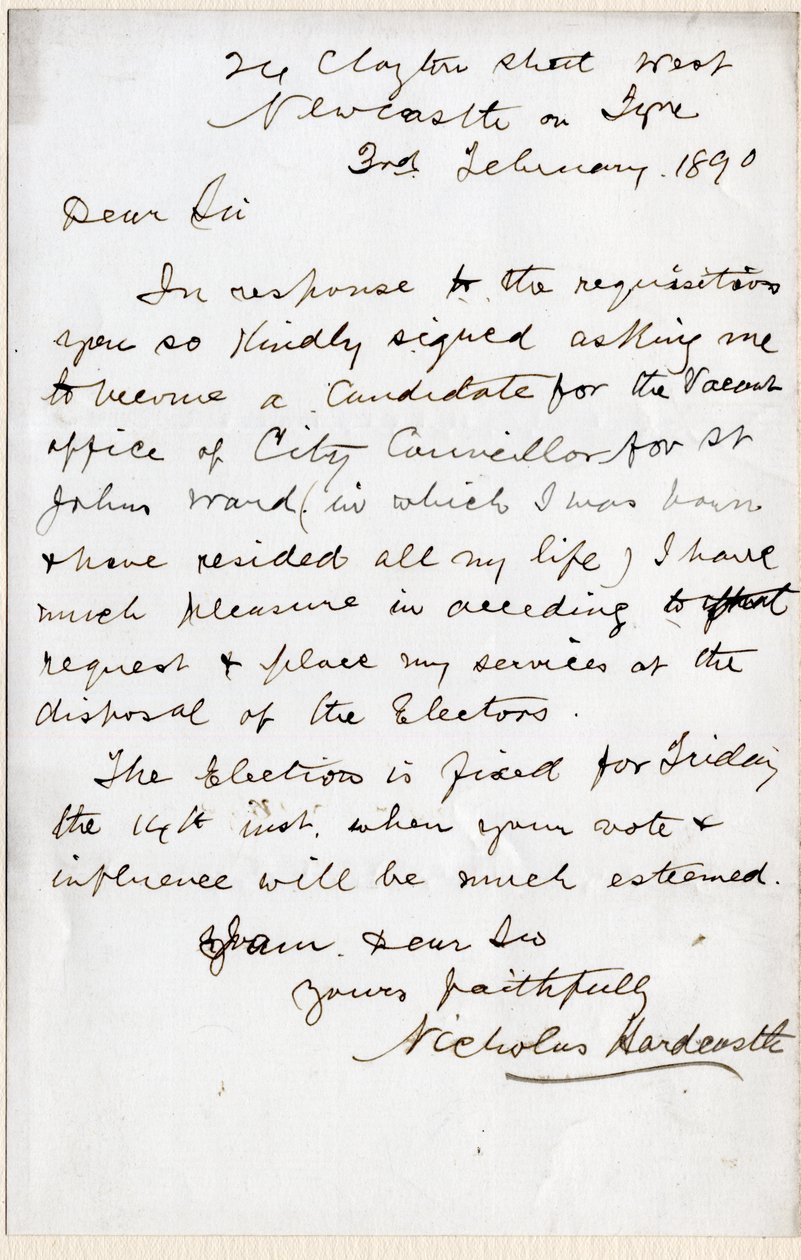 Lettre de Nicholas Hardcastle acceptant l