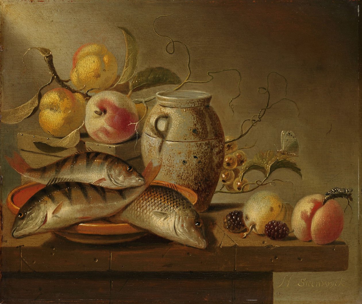 Nature morte avec pot en terre, poisson et fruits - Harmen Steenwijck