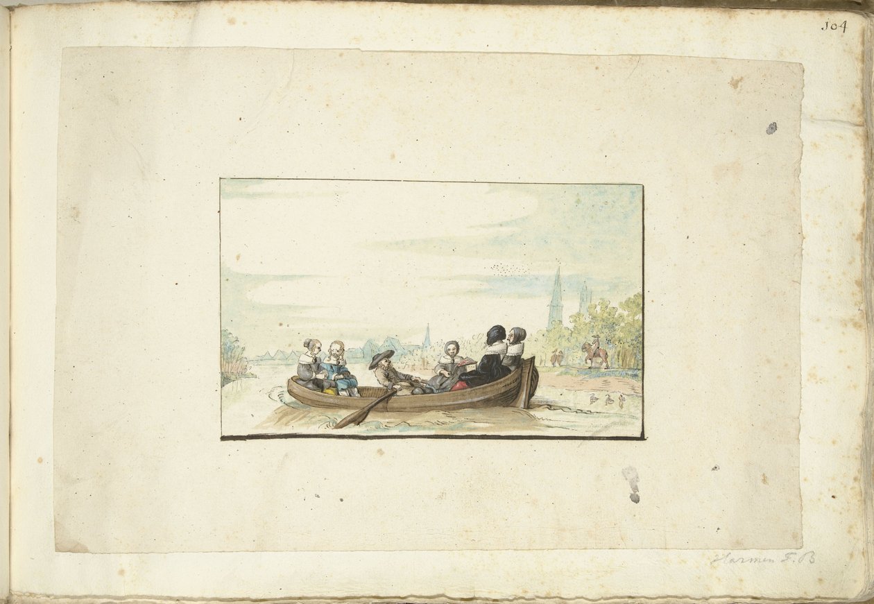Groupe de six personnes dans un bateau sur le canal de Zwolle - Harmen ter Borch