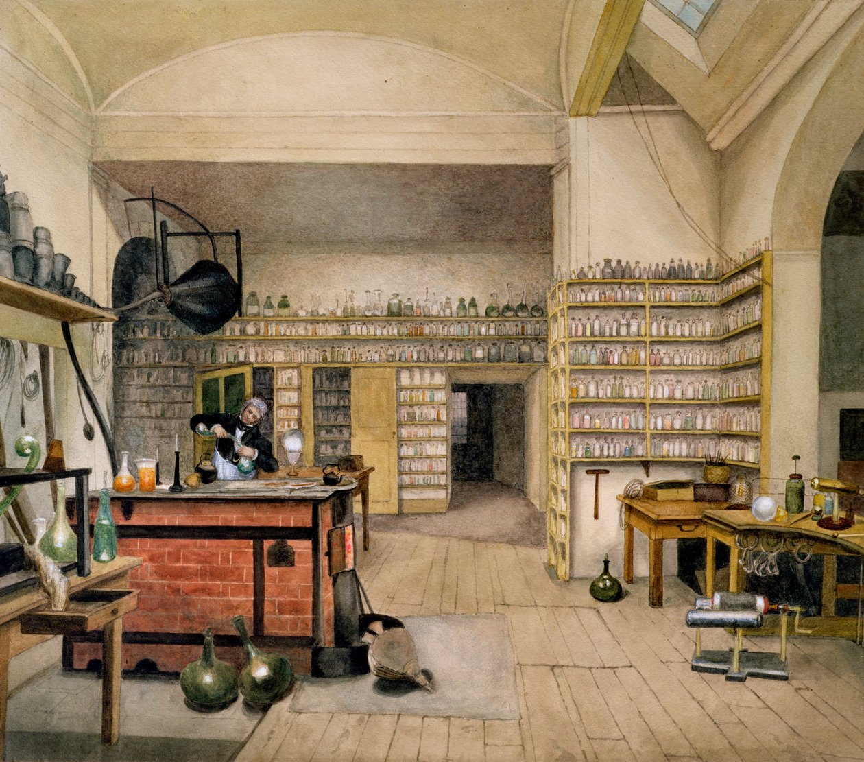 Michael Faraday (1791-1867) dans son laboratoire au sous-sol, 1852 - Harriet Jane Moore