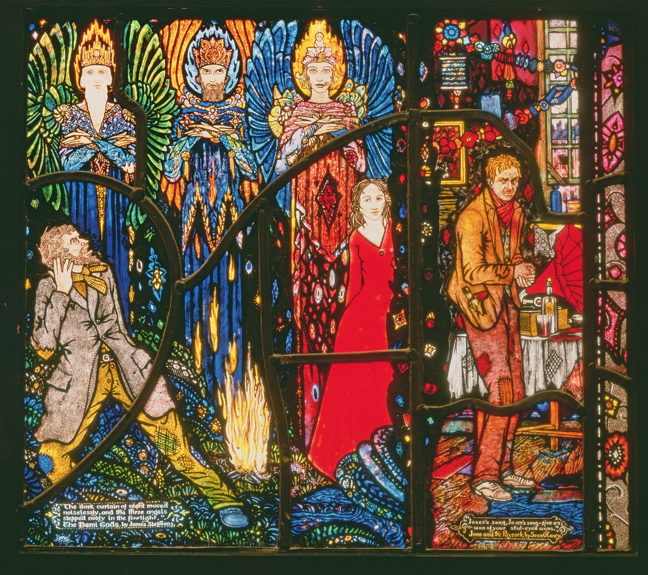 Détail de la fenêtre de Genève représentant The Demi Gods de James Stephens et Juno and the Paycock de Sean O