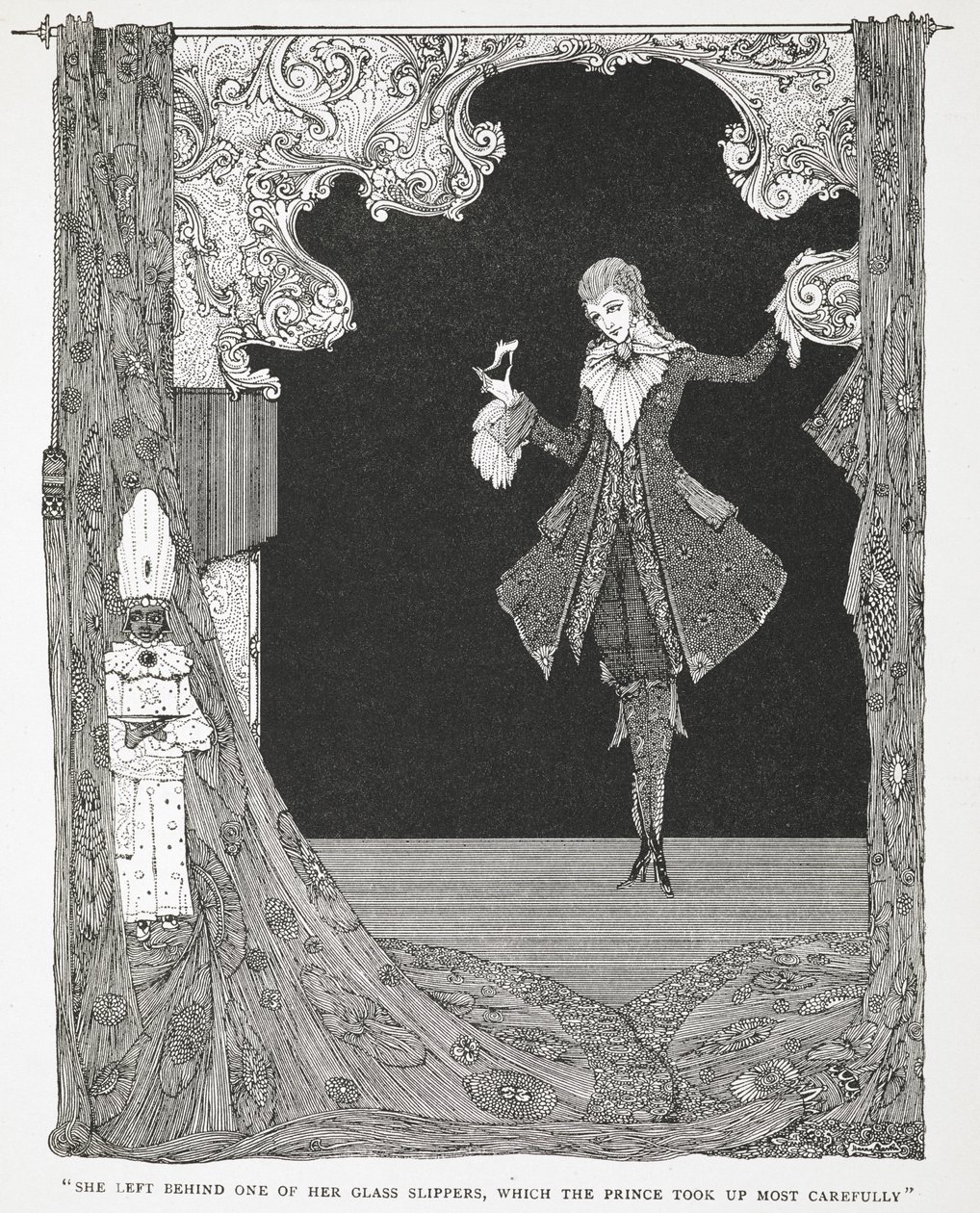 Elle laissa derrière elle une de ses pantoufles de verre, que le Prince ramassa avec soin. Illustration pour l