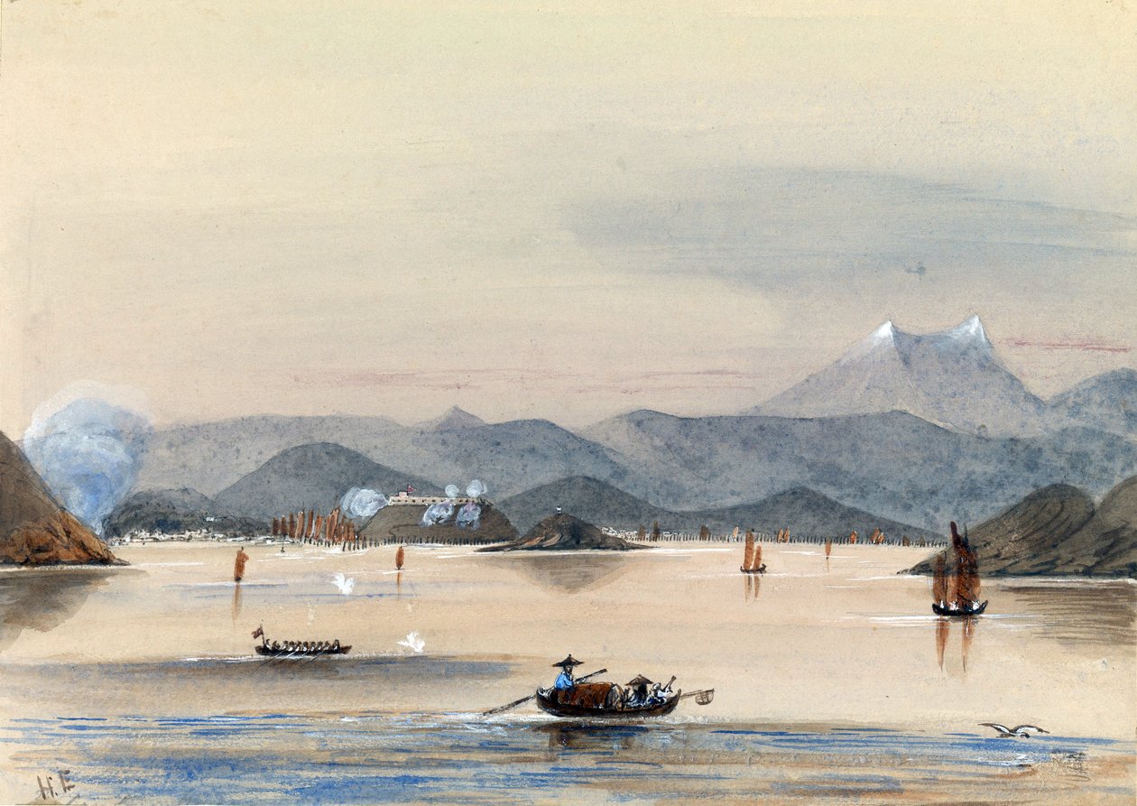 Le HMS Tribune trouvant son chemin sur la rivière Chuenpee à Canton (Chine), avec des bateaux à rames et des jonques chinoises - Harry Edmond Edgell