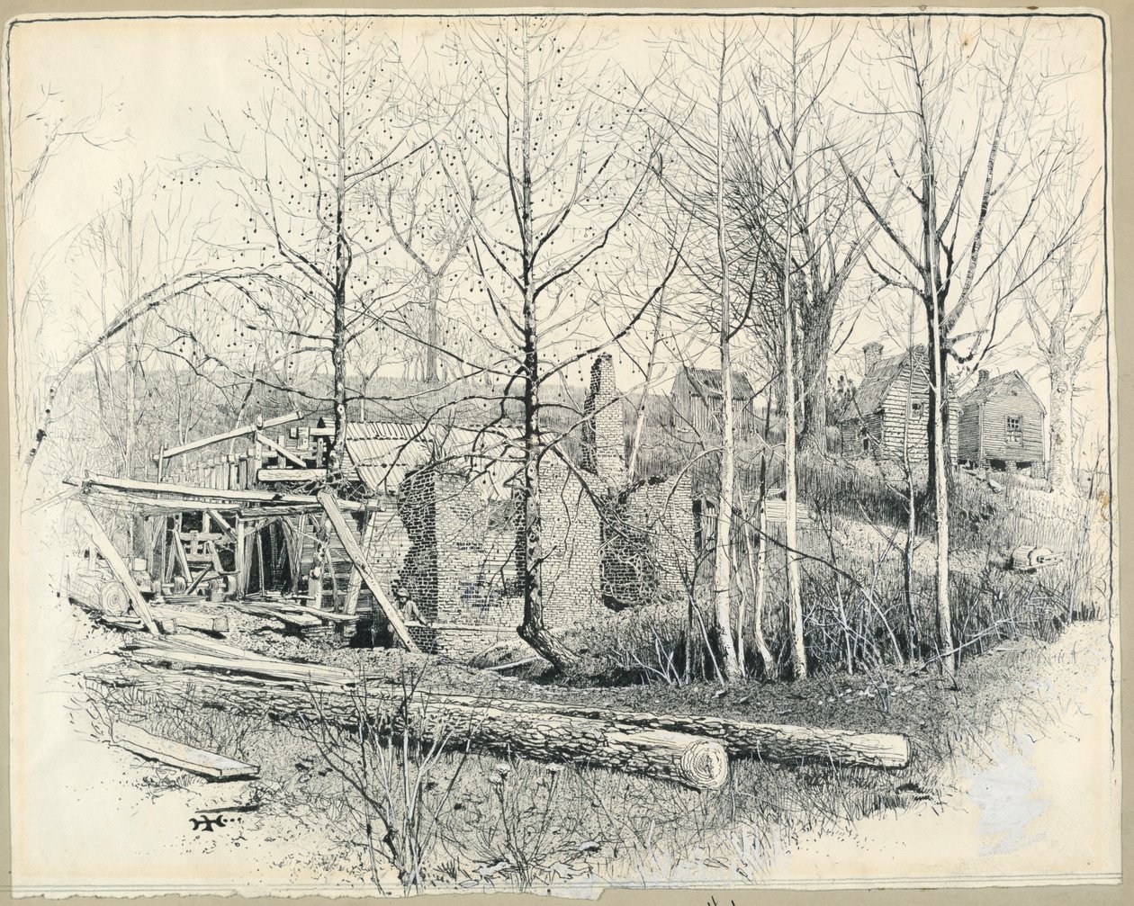 Dessin, aspect actuel du moulin de Gaines, en regardant vers l