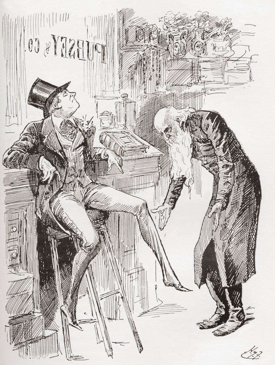 Fledgeby et M. Riah dans la maison de comptage. « Perché sur le tabouret avec son chapeau penché sur la tête et une de ses jambes pendantes, la jeunesse de Fledgeby contrastait à peine avantageusement avec l