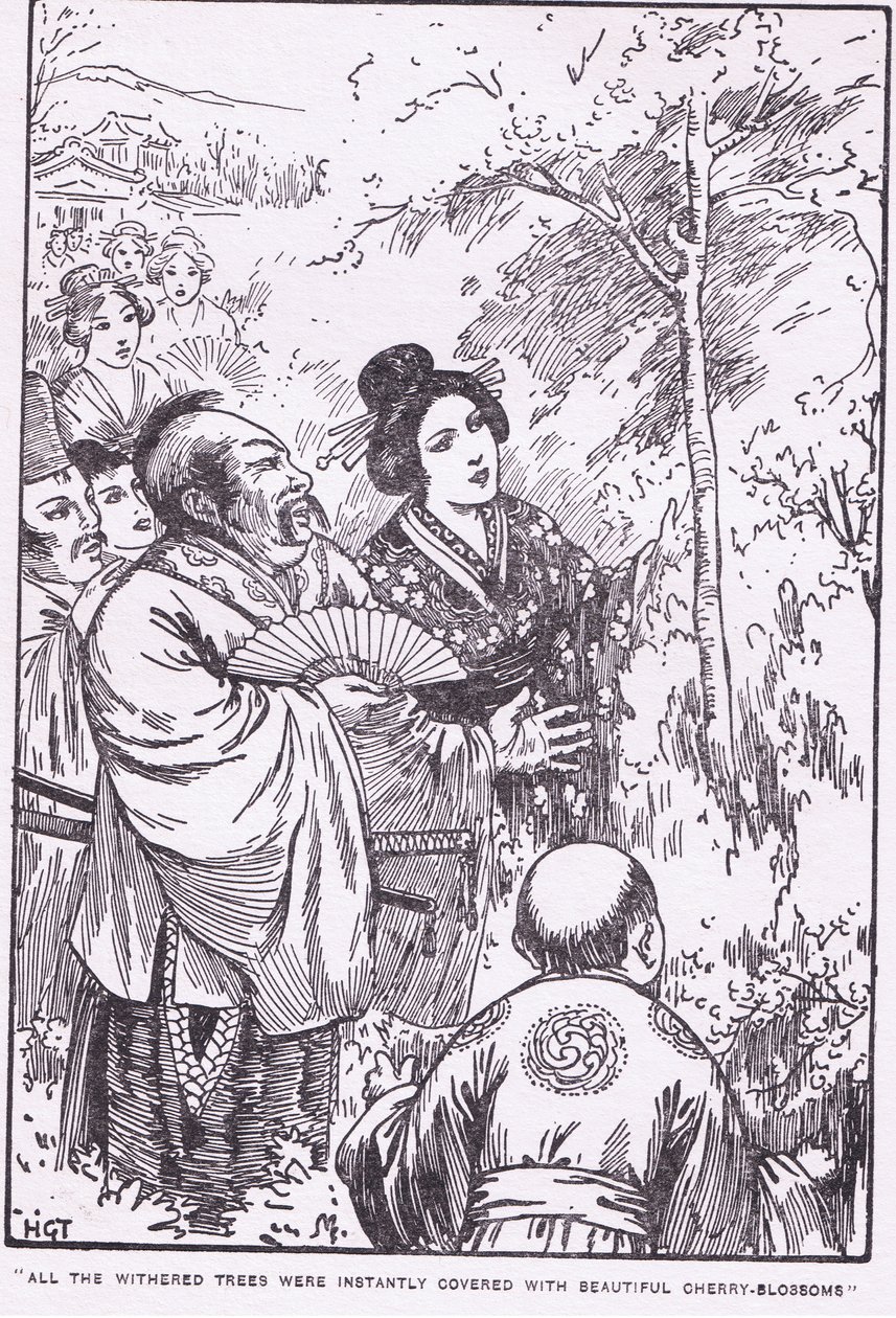 Tous les arbres flétris se sont instantanément couverts de belles fleurs de cerisier (Le vieil homme qui faisait fleurir les arbres flétris) (litho) - Harry George Theaker