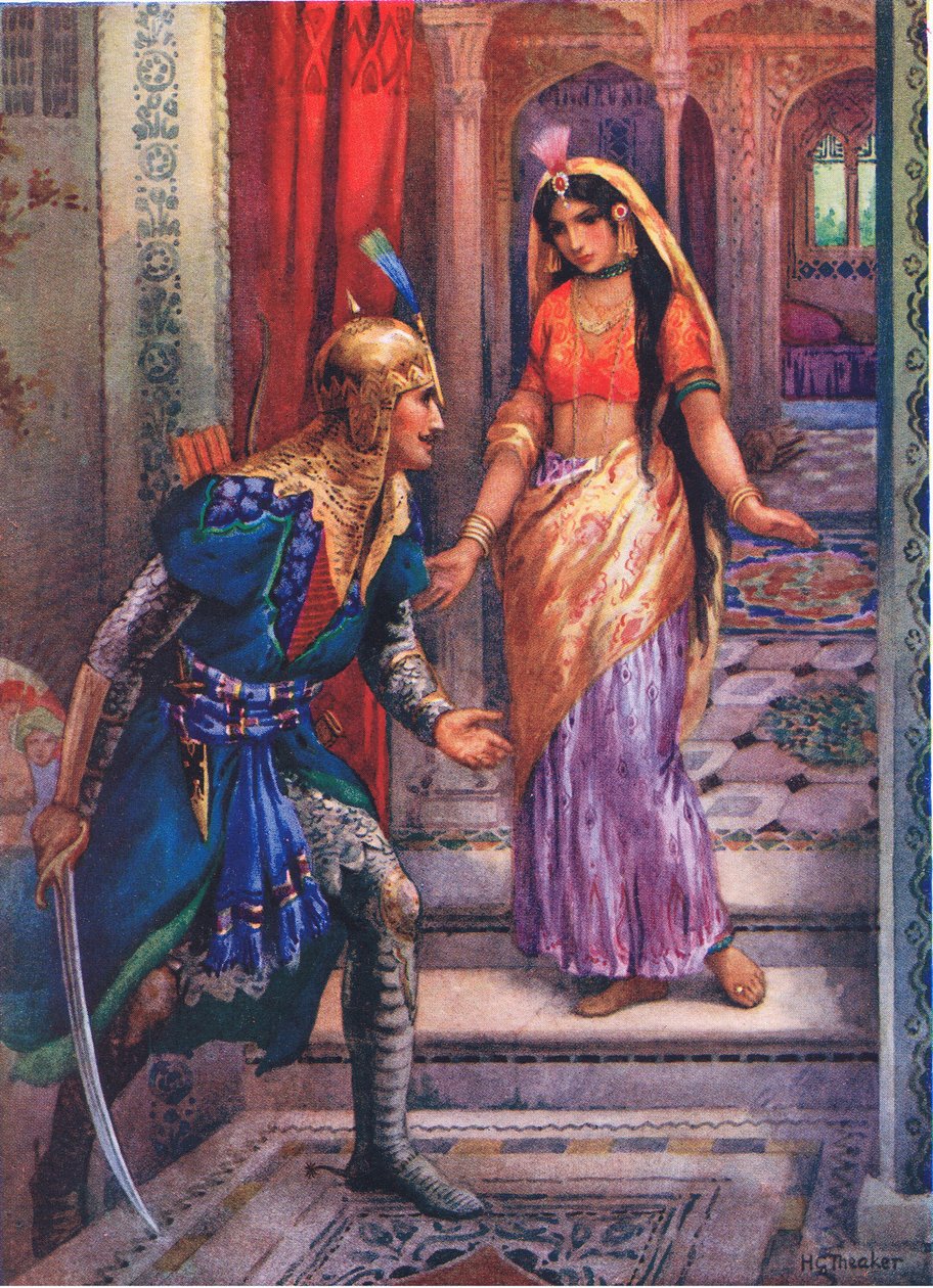 Apercevant Rama, elle se précipite. Extrait des Aventures de Rama et Sita, illustration tirée de "Childrens Stories from Indian Legends", vers 1930 (lithographie couleur) - Harry George Theaker