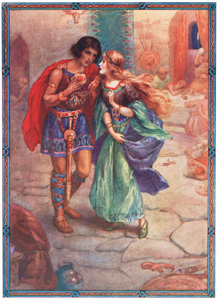 "Prends-moi pour épouse" (extrait de Diarmud et Grania) (lithographie couleur) - Harry George Theaker