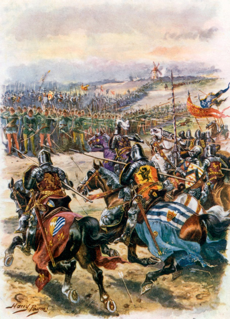 Charge de la cavalerie française. Bataille de Crécy (lithographie couleur) - Harry Payne