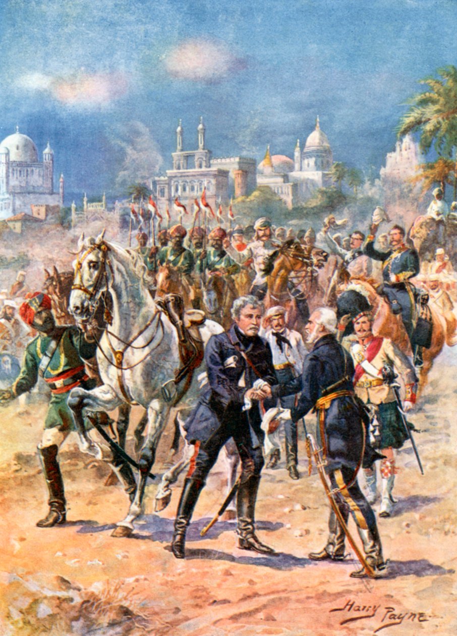 Rencontre entre Sir Colin Campbell et le général Outram. Relief de Lucknow (lithographie couleur) - Harry Payne