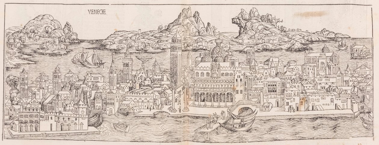 Réimpression en 1930 de la vue de Venise tirée de la Chronique de Nuremberg (recadrée) - Hartmann Schedel