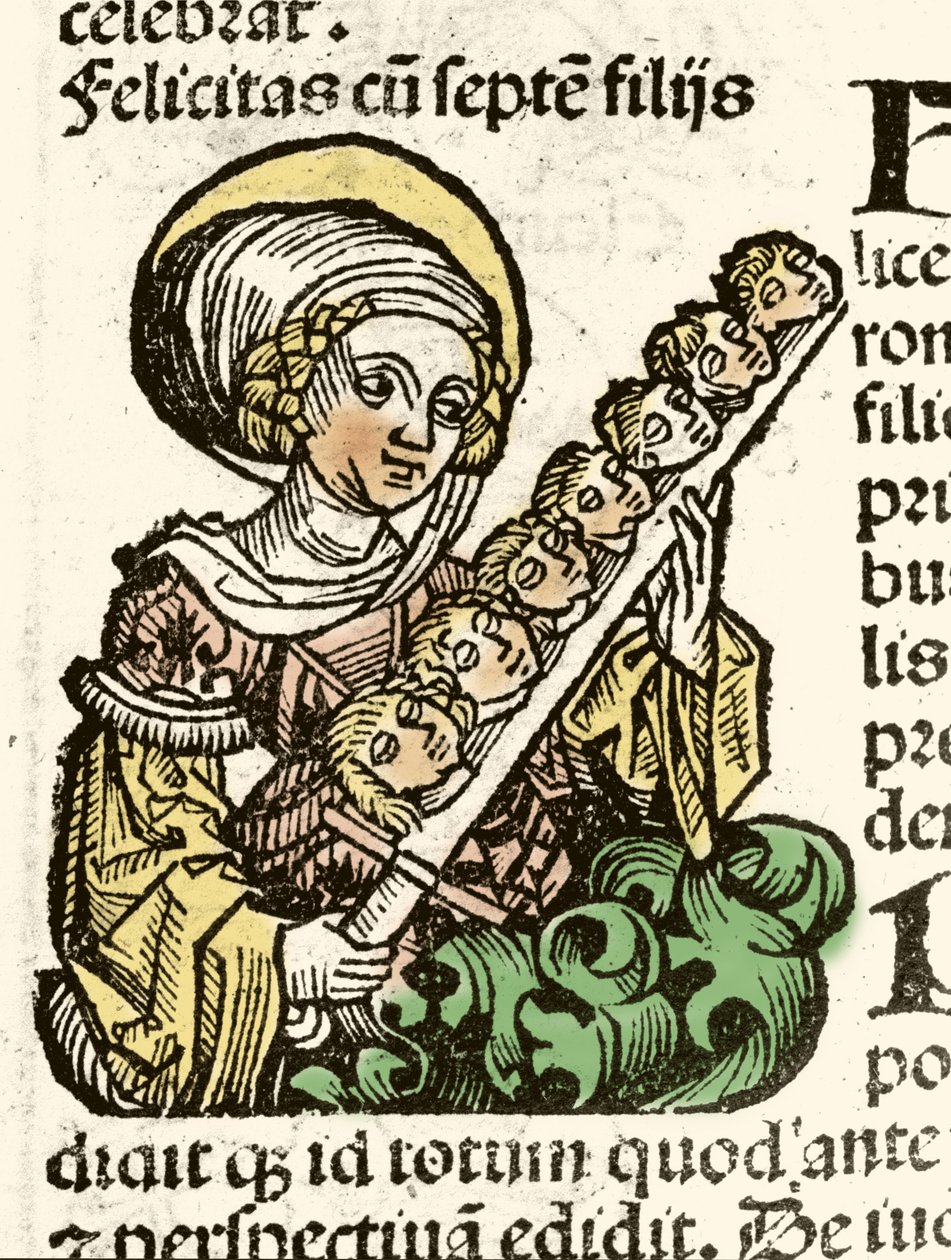 Représentation de Sainte Félicité, martyre à Rome avec les têtes de ses sept enfants. Xylographie de Hartmann Schedel « Chroniques de Nuremberg » 1493 - Hartmann Schedel