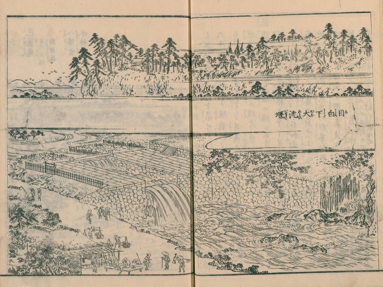 Barrage sur la rivière Kanda à Mejiro-shita (Sekiguchi) dans Edo Meisho Zue vol. 4 (livre 12) - Hasegawa Settan