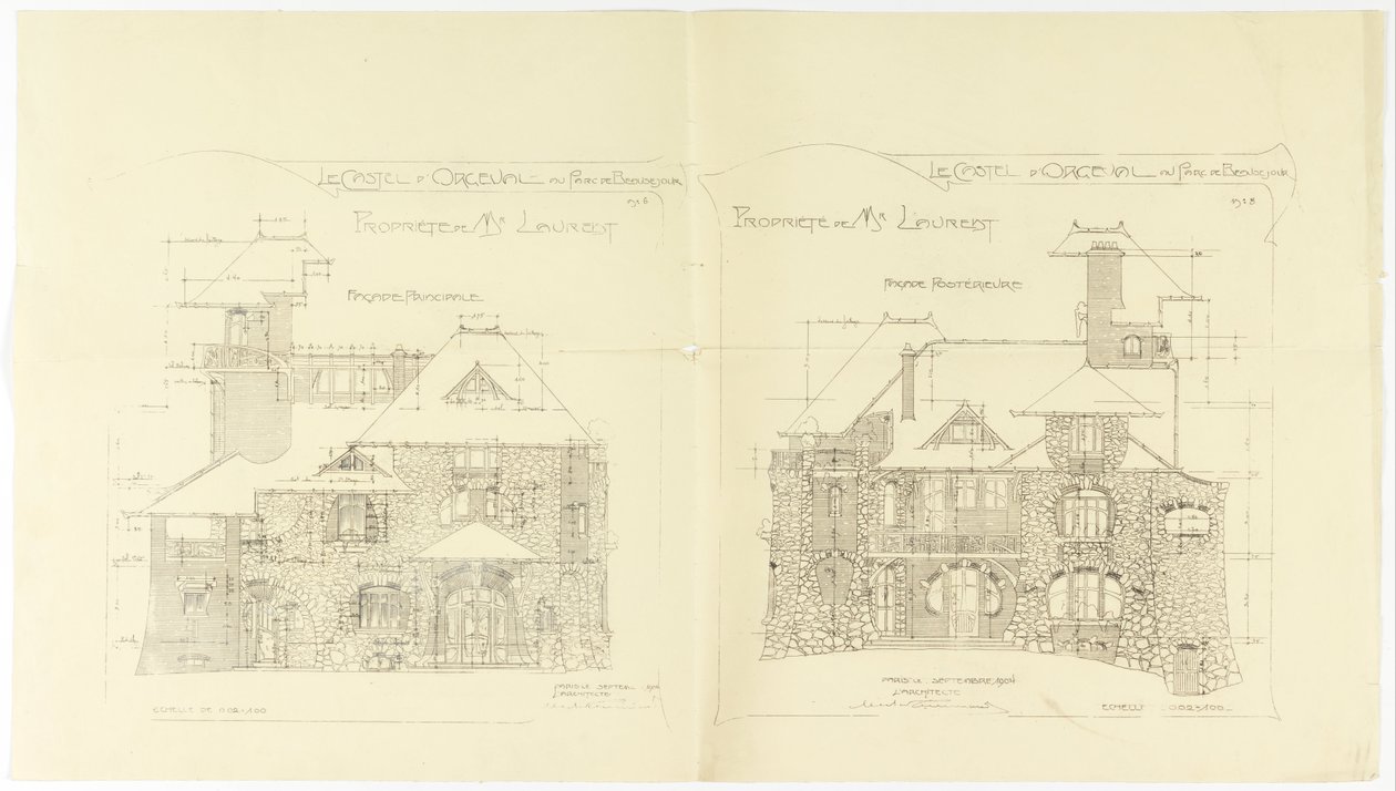 Élévations, façades principale et arrière, Castel d