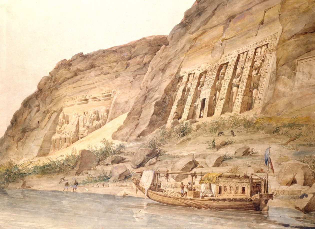 Abou Simbel vu du Nil. Aquarelle d