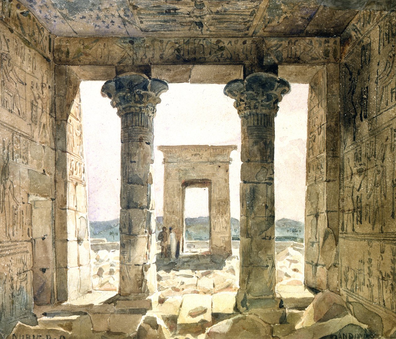 Ruines du complexe de temples de Dendera : Vue entre deux colonnes vers la porte (pylône). Aquarelle d