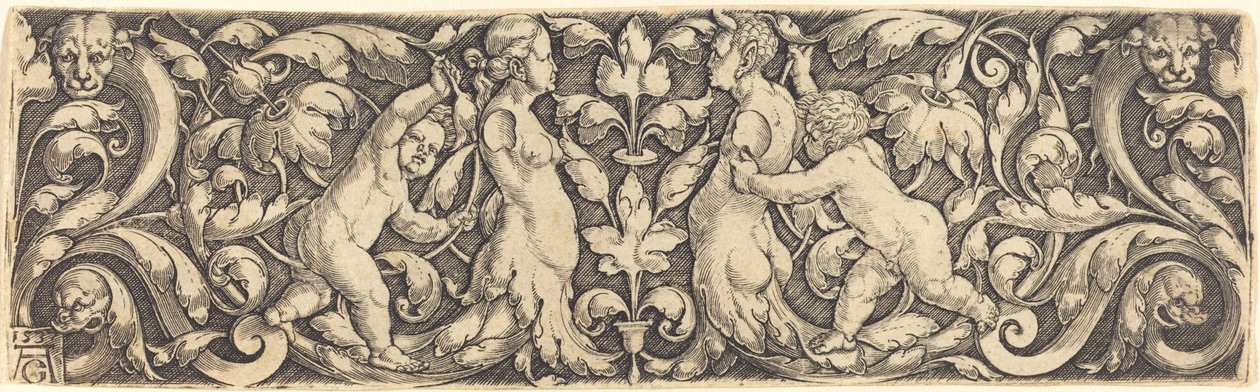 Panneau croisé avec vigne au centre et couple de tritons - Heinrich Aldegrever