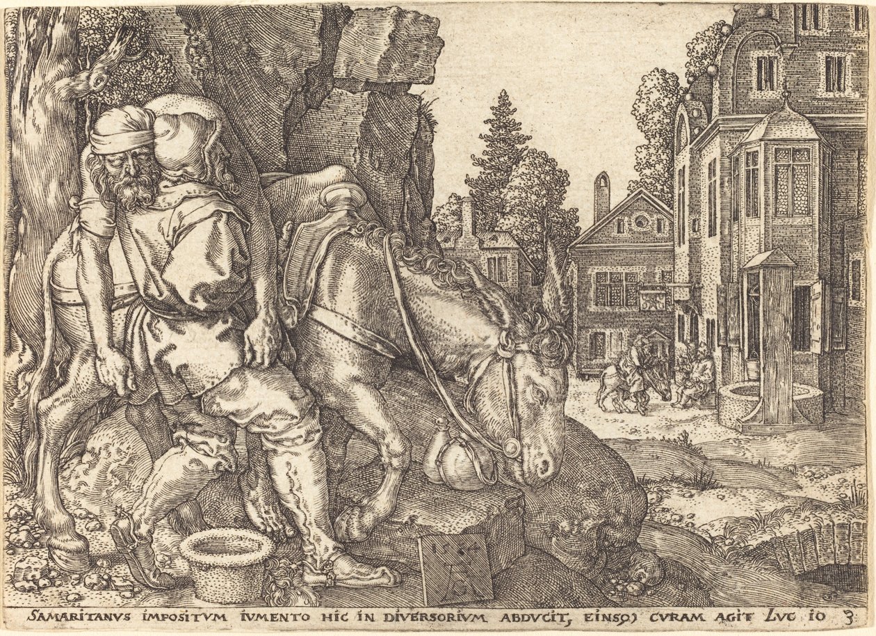Le Bon Samaritain plaçant le voyageur sur une mule - Heinrich Aldegrever