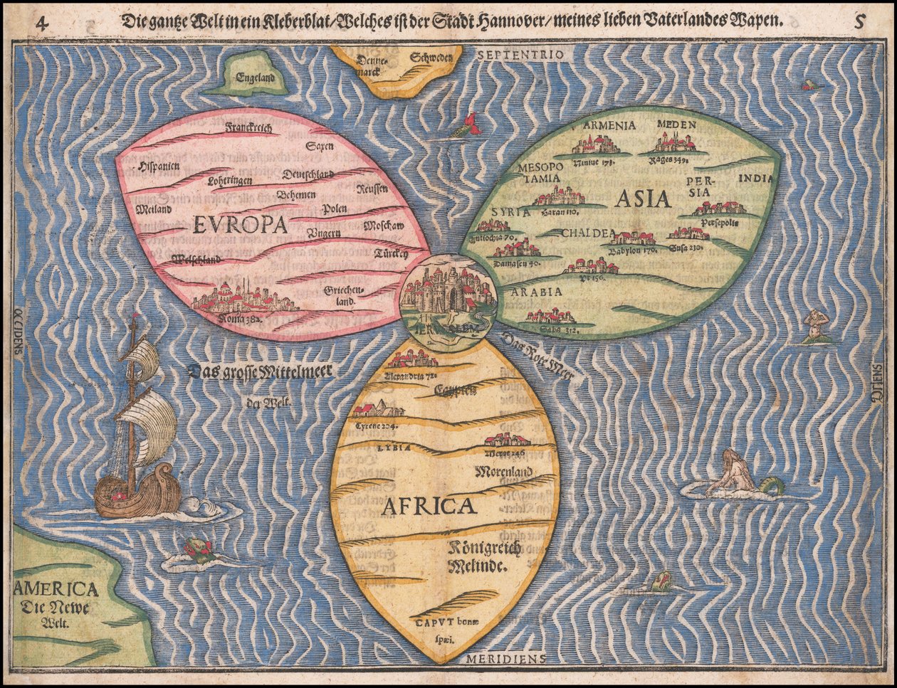 1581 Carte du monde en forme de feuille de trèfle par Heinrich Buenting - Heinrich Bünting
