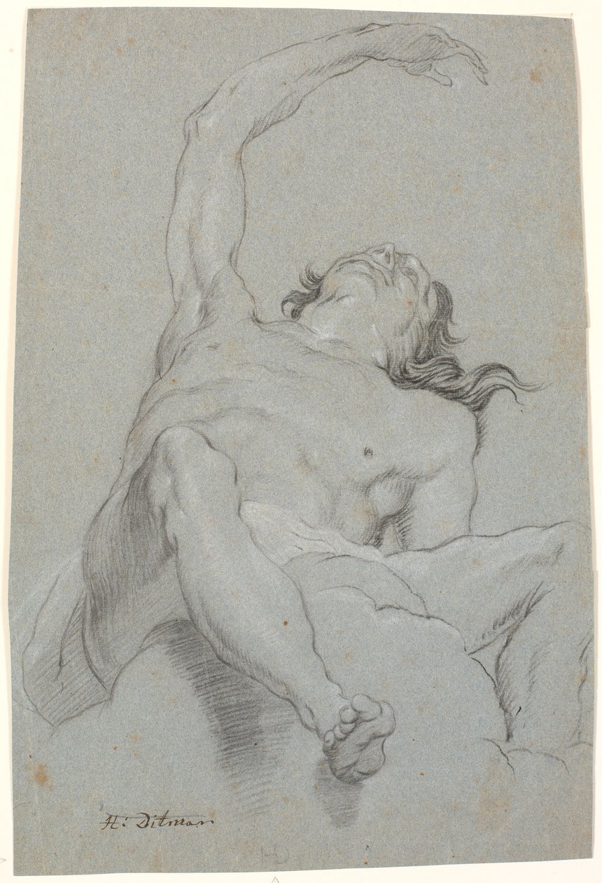 Homme nu, vu "de sotto in su". Étude pour une figure dans une peinture de plafond - Heinrich Dittmers