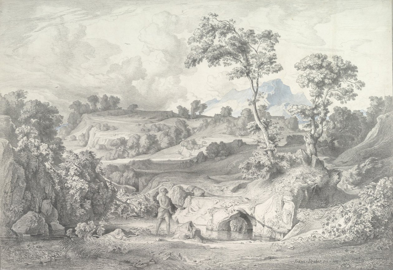 Paysage du sud avec un homme et un serpent, 1847 - Heinrich Dreber