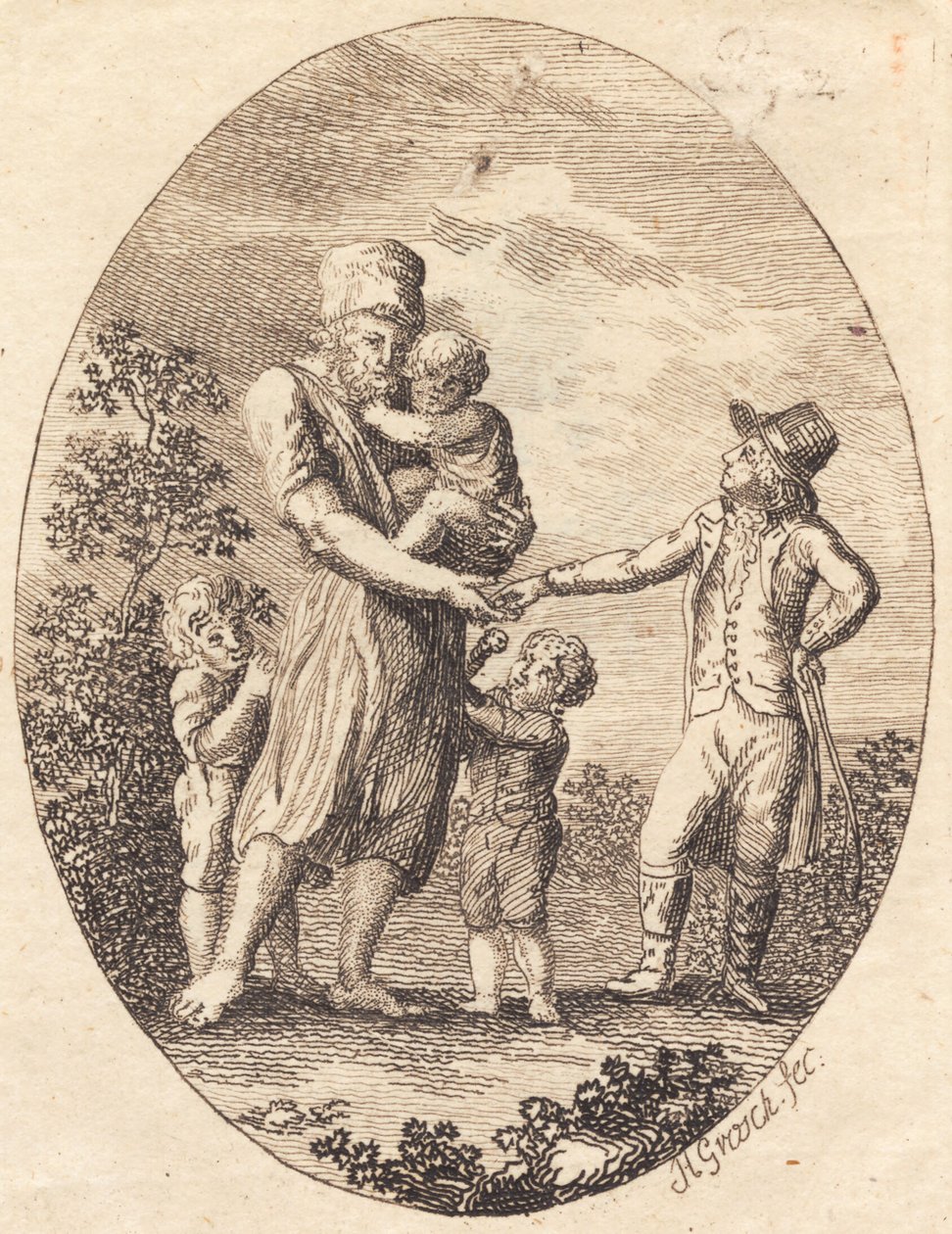 Un homme donne une pièce à boire à un homme avec deux enfants - Heinrich Grosch