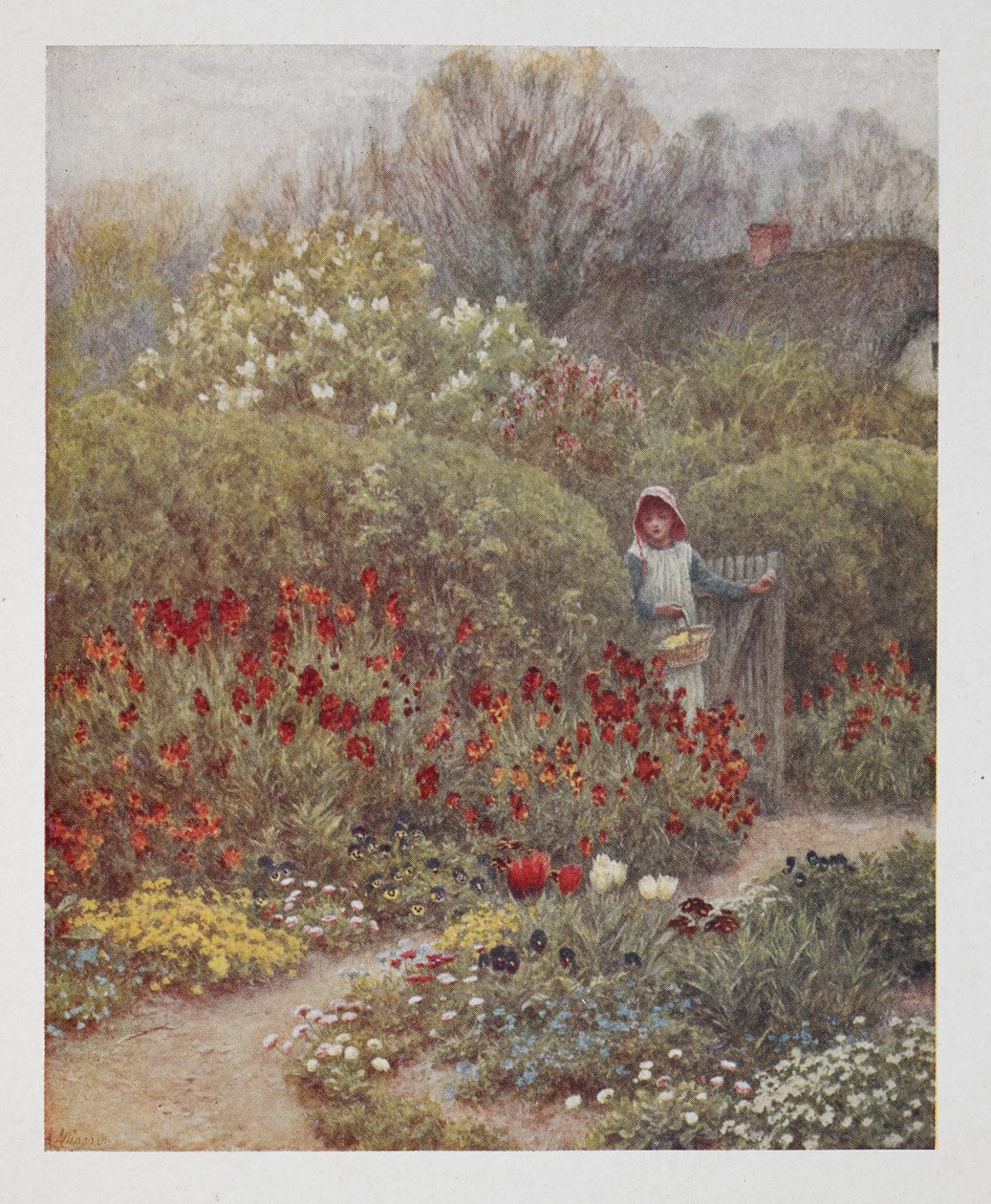 Une femme ouvrant une porte dans un jardin, illustration de 