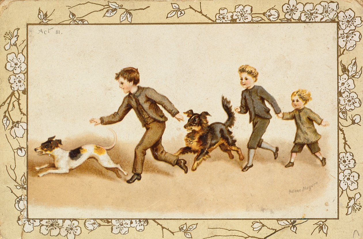 Carte de vœux représentant des enfants jouant avec leurs chiens - Helena J. Maguire