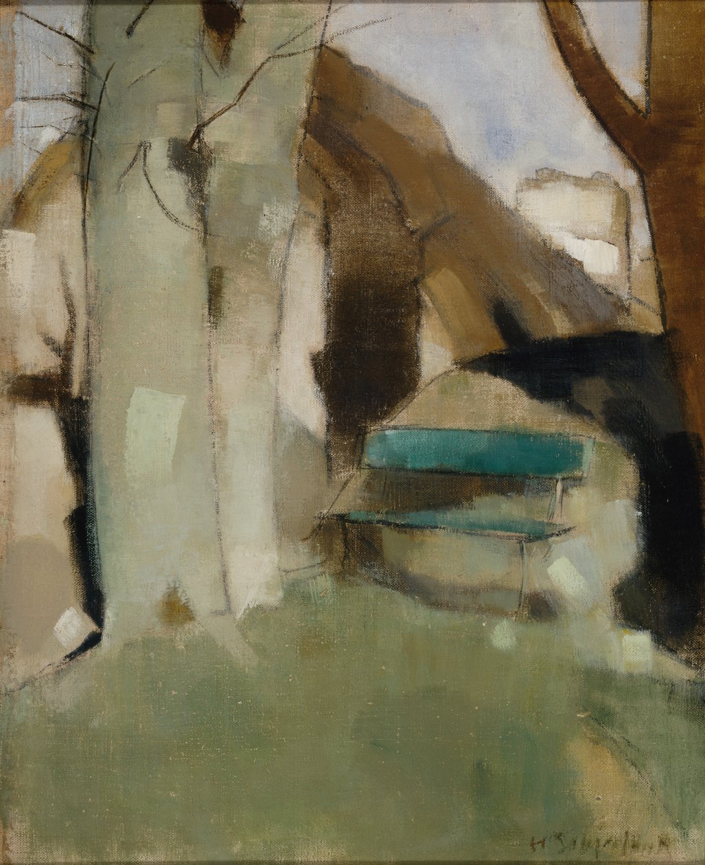 Ombre sur le mur II Banc vert, 1928 - Helene Schjerfbeck