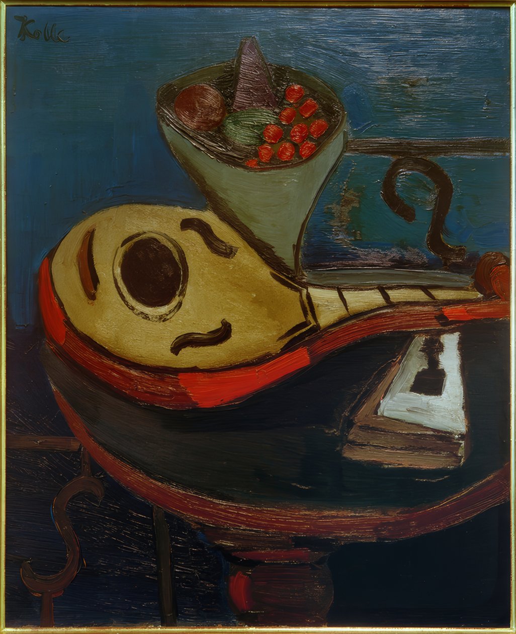 Nature morte : Mandoline et bol de fruits sur une table - Helmut Kolle