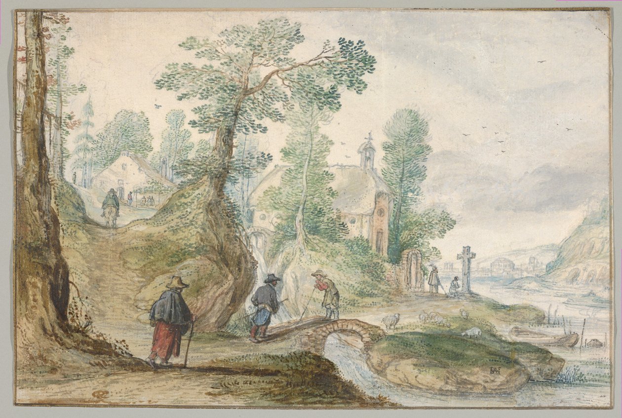 Paysage fluvial boisé avec une église et des personnages - Hendrick Avercamp