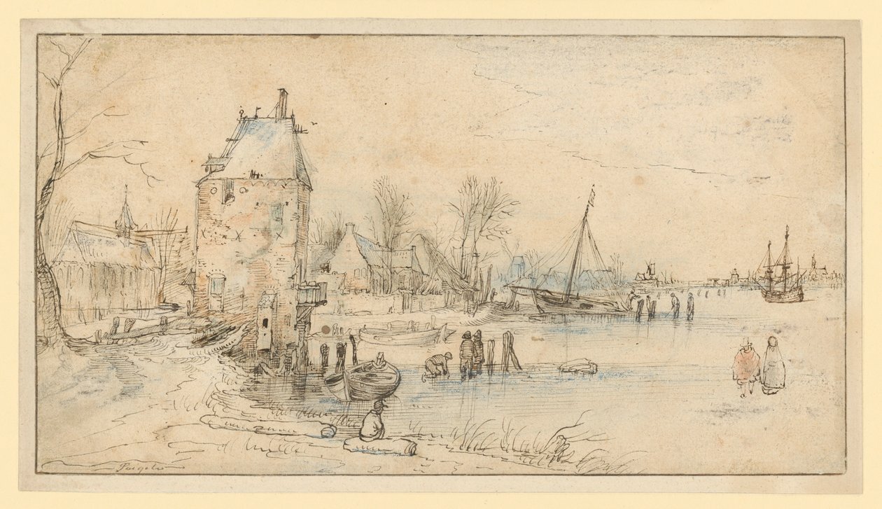 Village avec une tour de guet et une église au bord du lac - Hendrick Avercamp