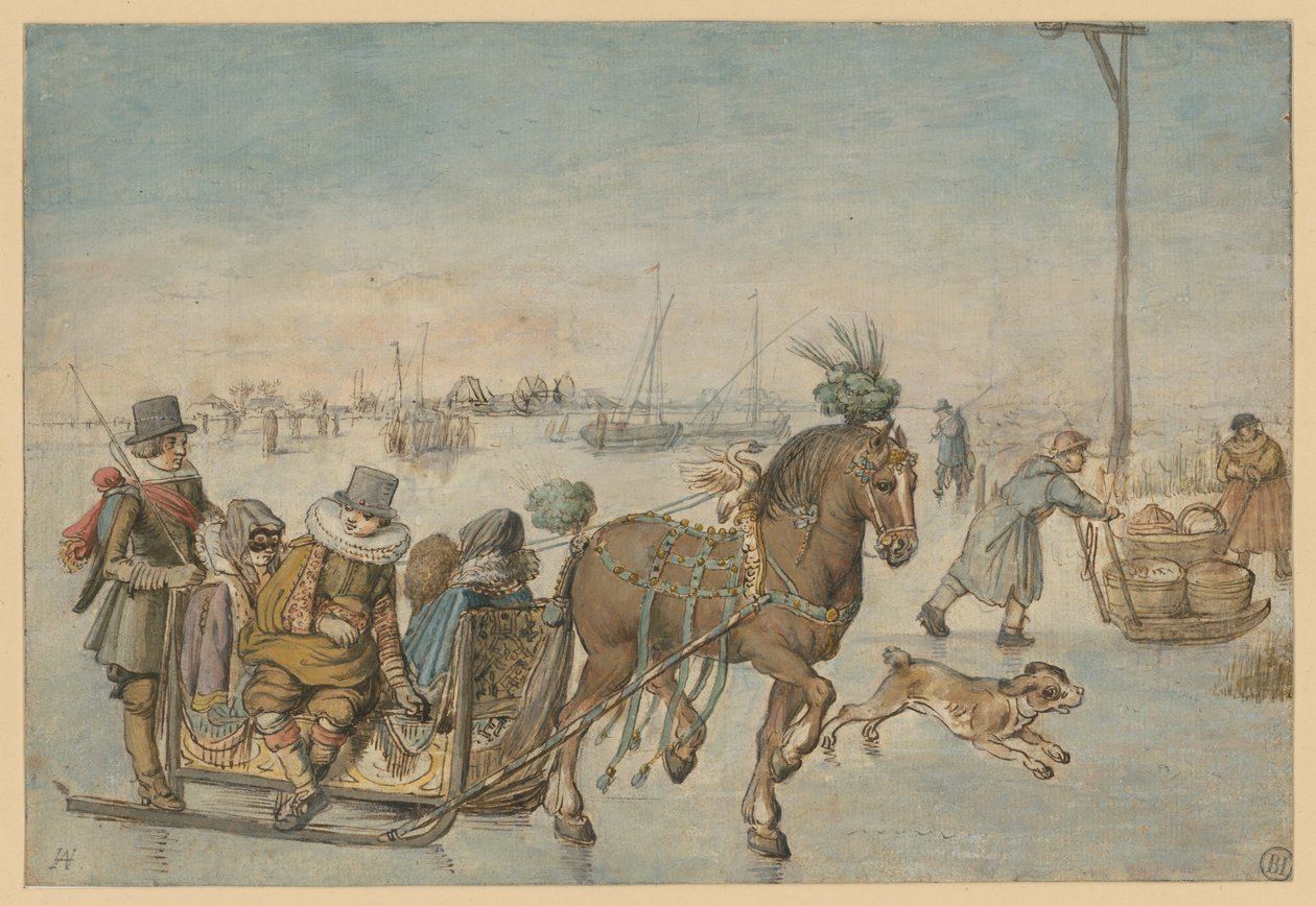 Traîneau tiré par des chevaux sur la glace - Hendrick Avercamp