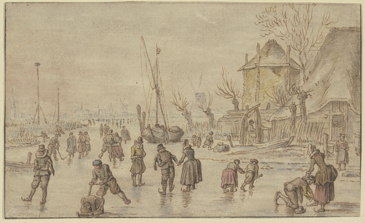 Paysage hivernal, de nombreux patineurs sur la glace ; à droite, un homme aide une femme à lacer ses patins - Hendrick Avercamp