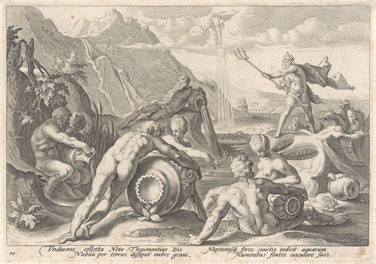 Neptune ordonne aux dieux des rivières de provoquer un déluge - Hendrick Goltzius (workshop of)