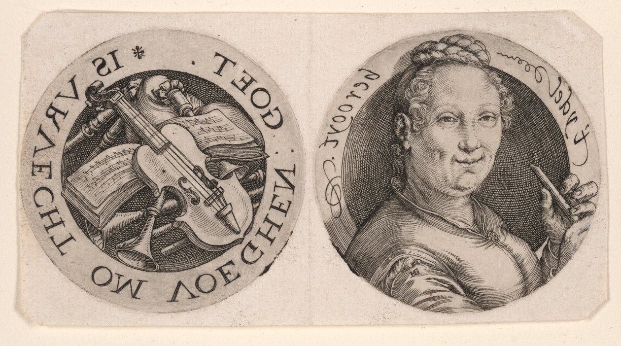Buste de femme tenant une flûte et des instruments de musique, sur une feuille - Hendrick Goltzius
