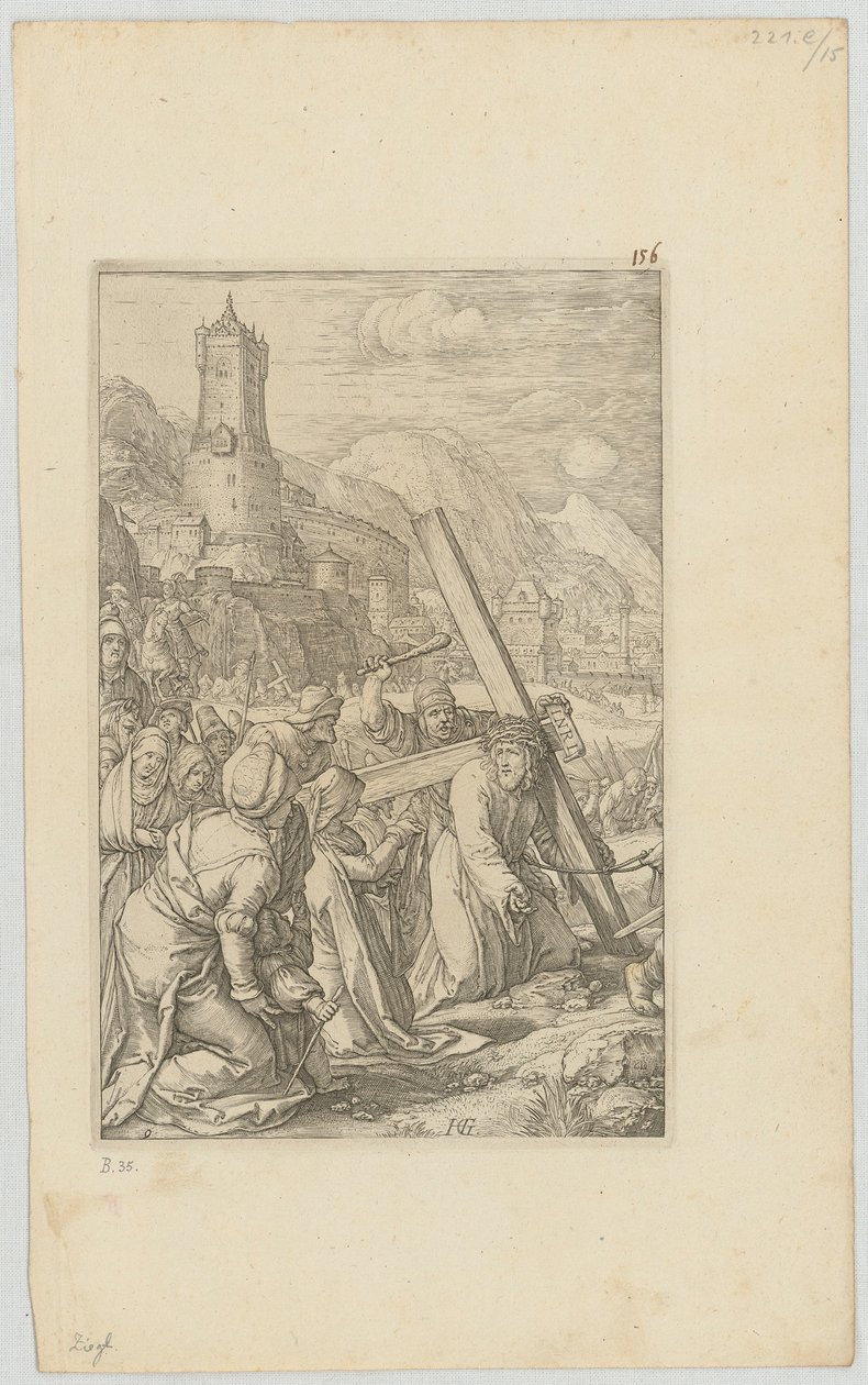 Le portement de croix, feuille 9 de la série « La Passion » - Hendrick Goltzius