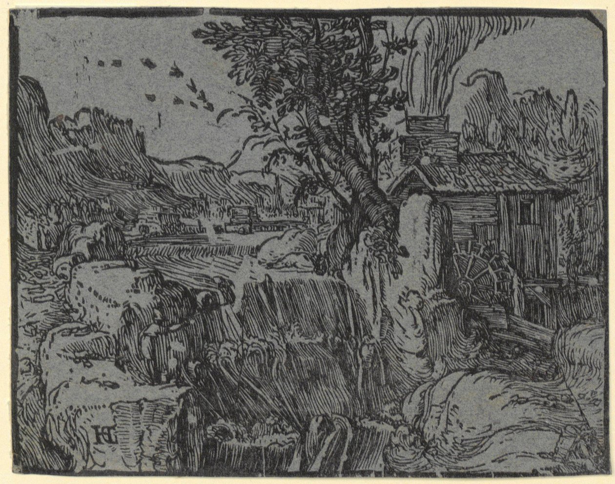 Paysage avec cascade et moulin, planche 1 de la série « Quatre petits paysages » - Hendrick Goltzius