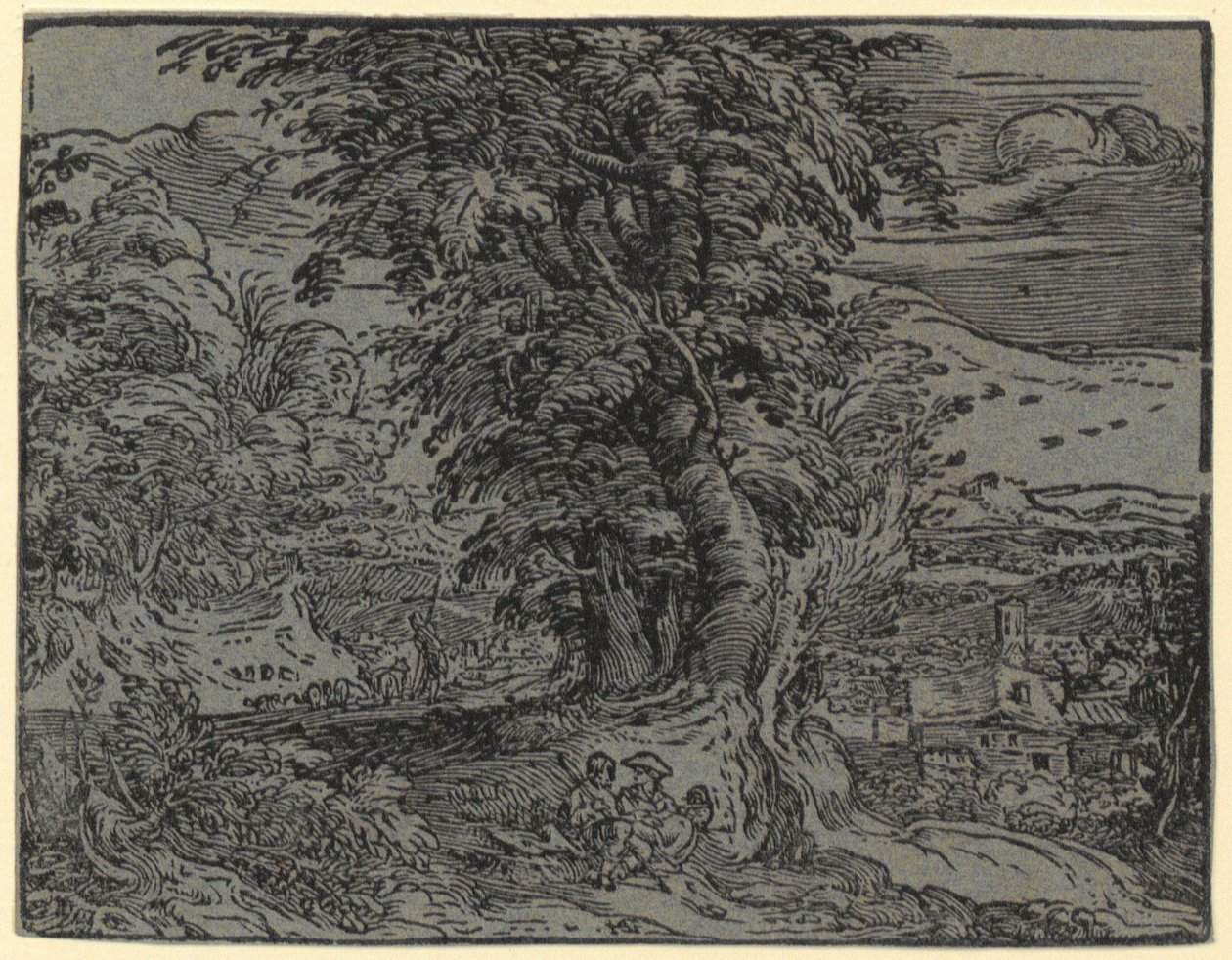 Paysage avec couple assis et berger, planche 2 de la série « Quatre petits paysages » - Hendrick Goltzius