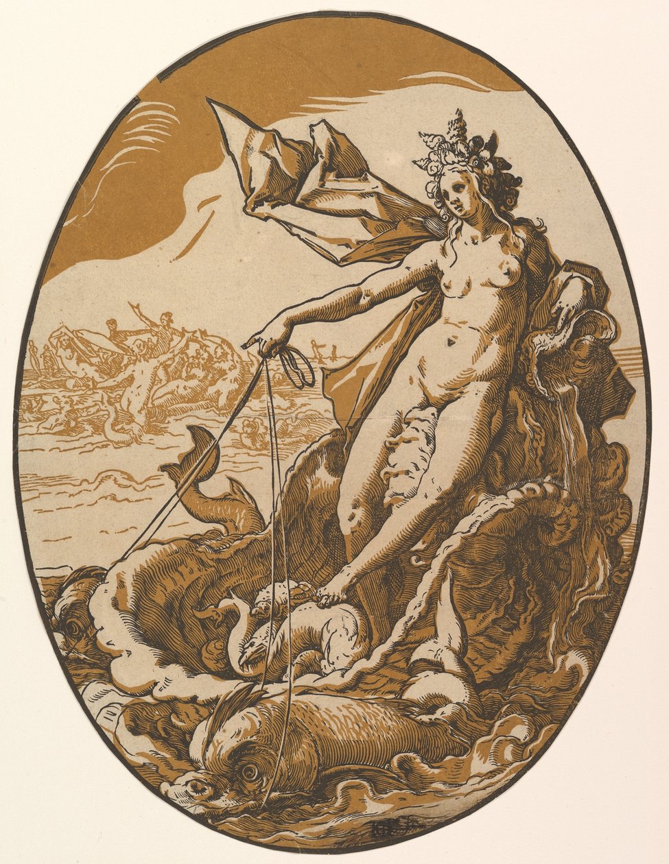 Téthys couchée dans un gigantesque char en coquillage tiré par deux créatures marines, extrait de «Les Divinités» - Hendrick Goltzius