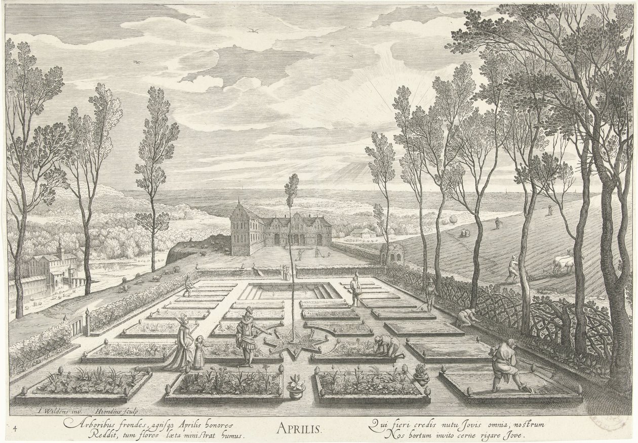 Avril, avec une compagnie dans un jardin (Avrilis) - Hendrick Hondius (I)