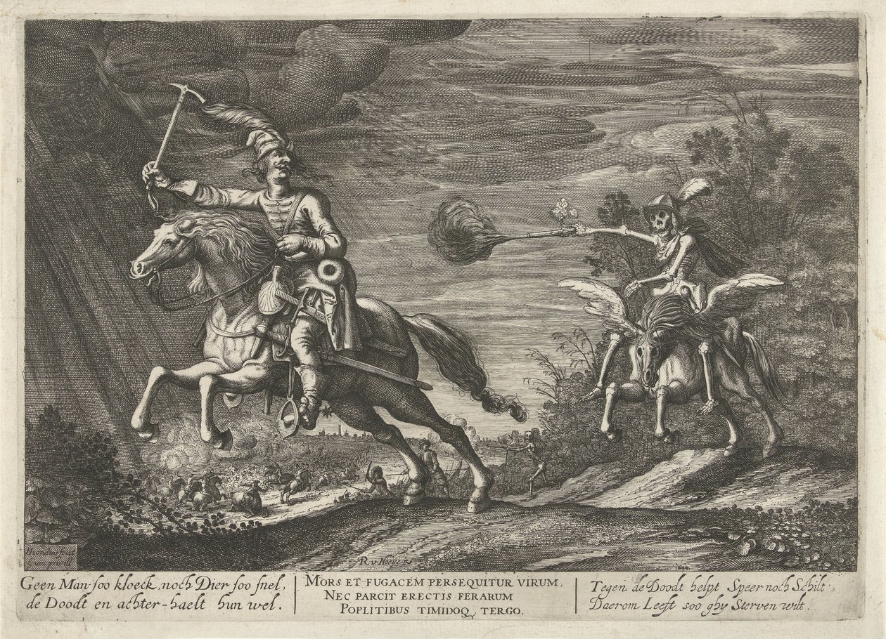 Cavalier et la Mort, Aucun homme si courageux, ni bête si rapide, la Mort les rattrape bien - Hendrick Hondius (I)